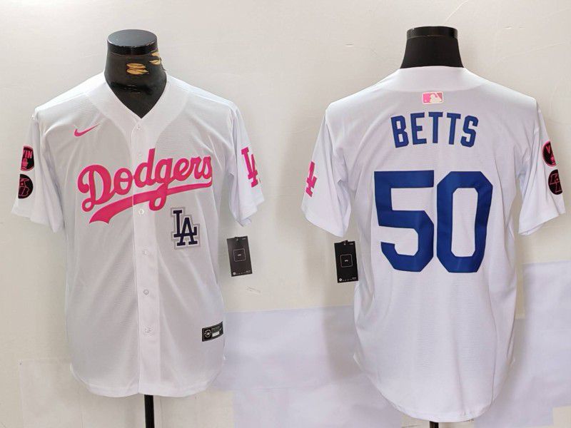 Men Los Angeles Dodgers 50 Betts White pink joint name 2024 Nike MLB Jersey style 5